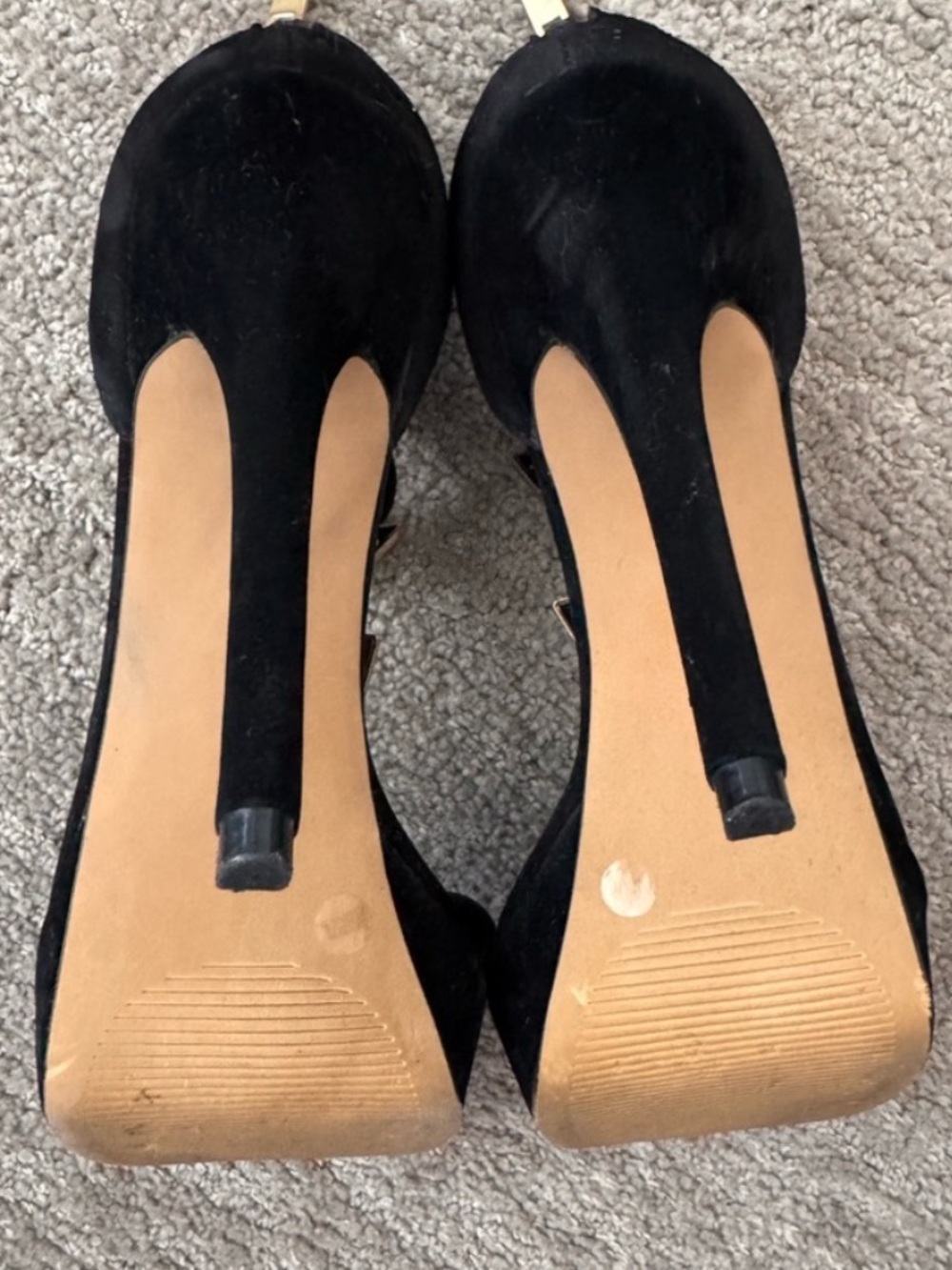 Jessica Simpson Black Suede T-Strap High Heel Sandals with Gold Accents. - Picture 5 of 8